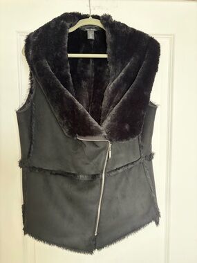 White House Black Market Black Faux Fur Hooded Vest